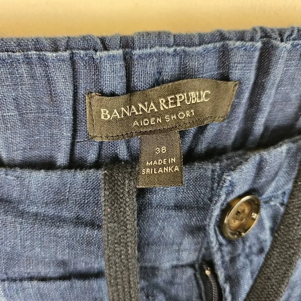 Banana Republic Mens 38 Blue 100% Linen Aiden Shorts striped Drawstring
